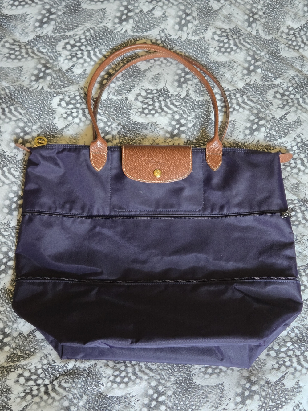Longchamp Le Pliage Expandable Tote Bag - Dark Purple With Cognac Leather Trim